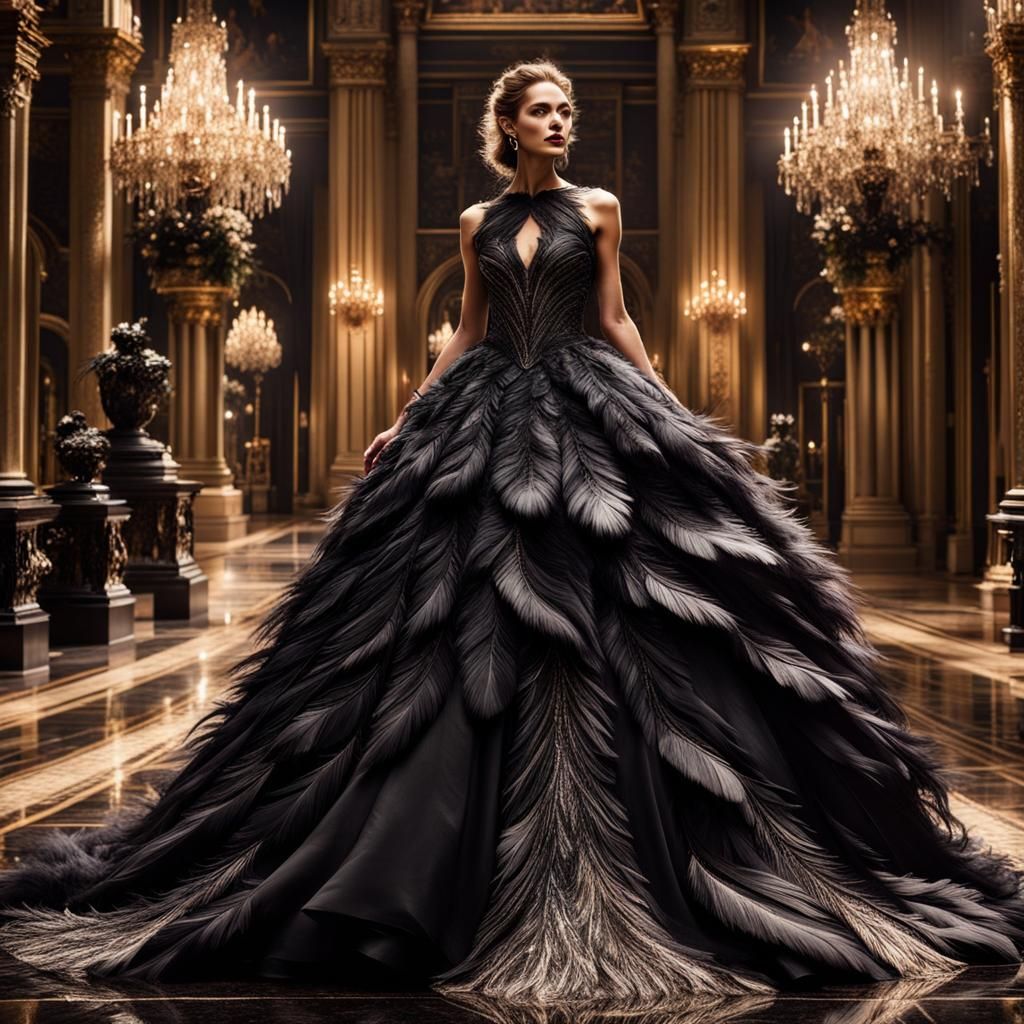 Dramatic Black Feather Ballgown: Digital Matte Painting