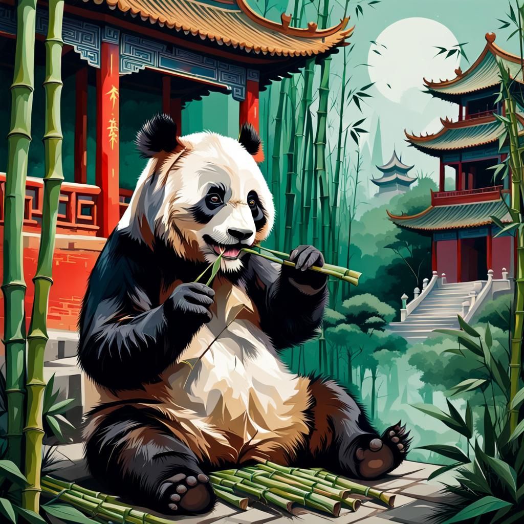 Panda and Chinese Palace in Abstract Style
