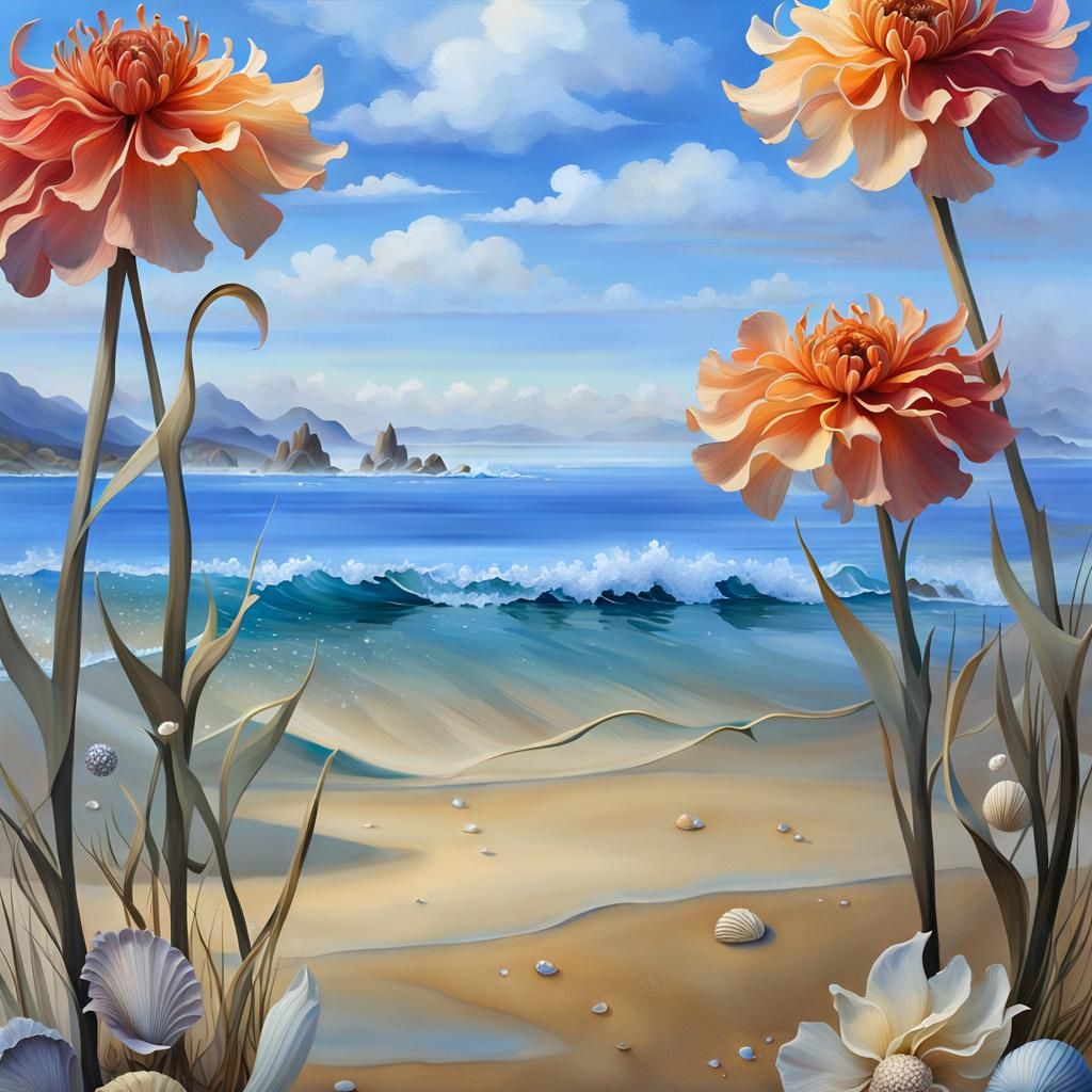 Surreal Beach Flowers in Dreamlike Expressionist Style
