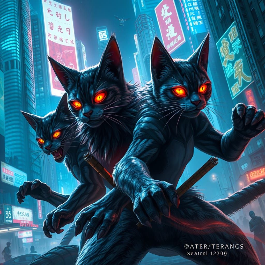 Fierce Feline Warriors in Dystopian Cyberpunk Cityscape