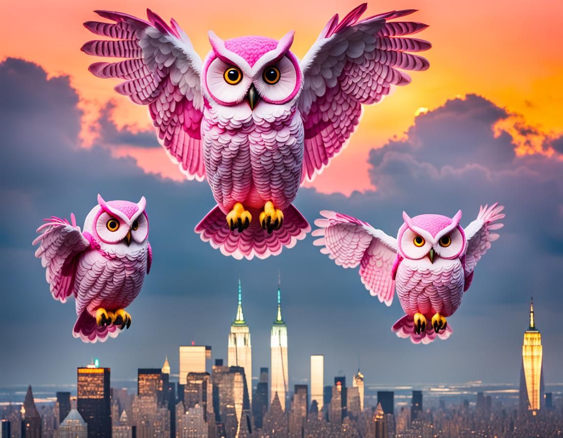 Giant Pink Owls Over New York City II