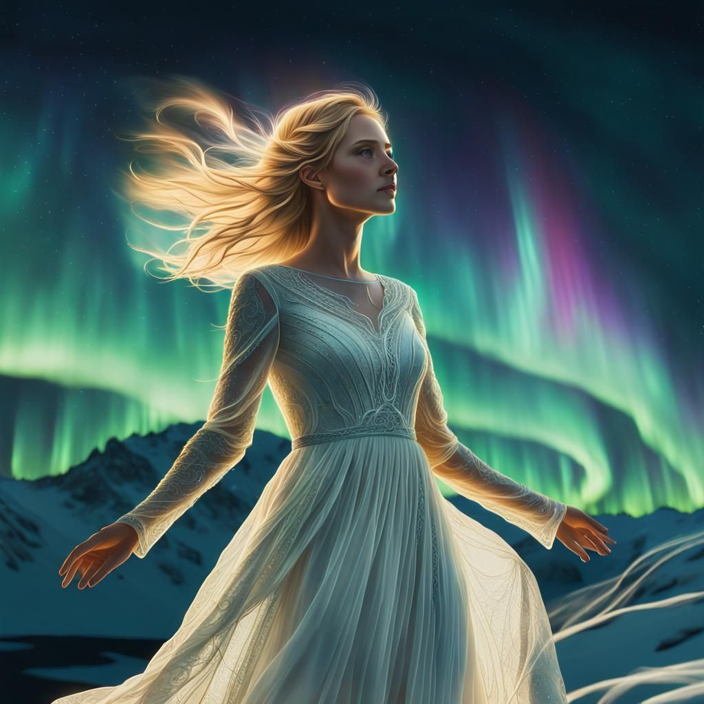 Woman standing at the edge of thr universe northern lights s...