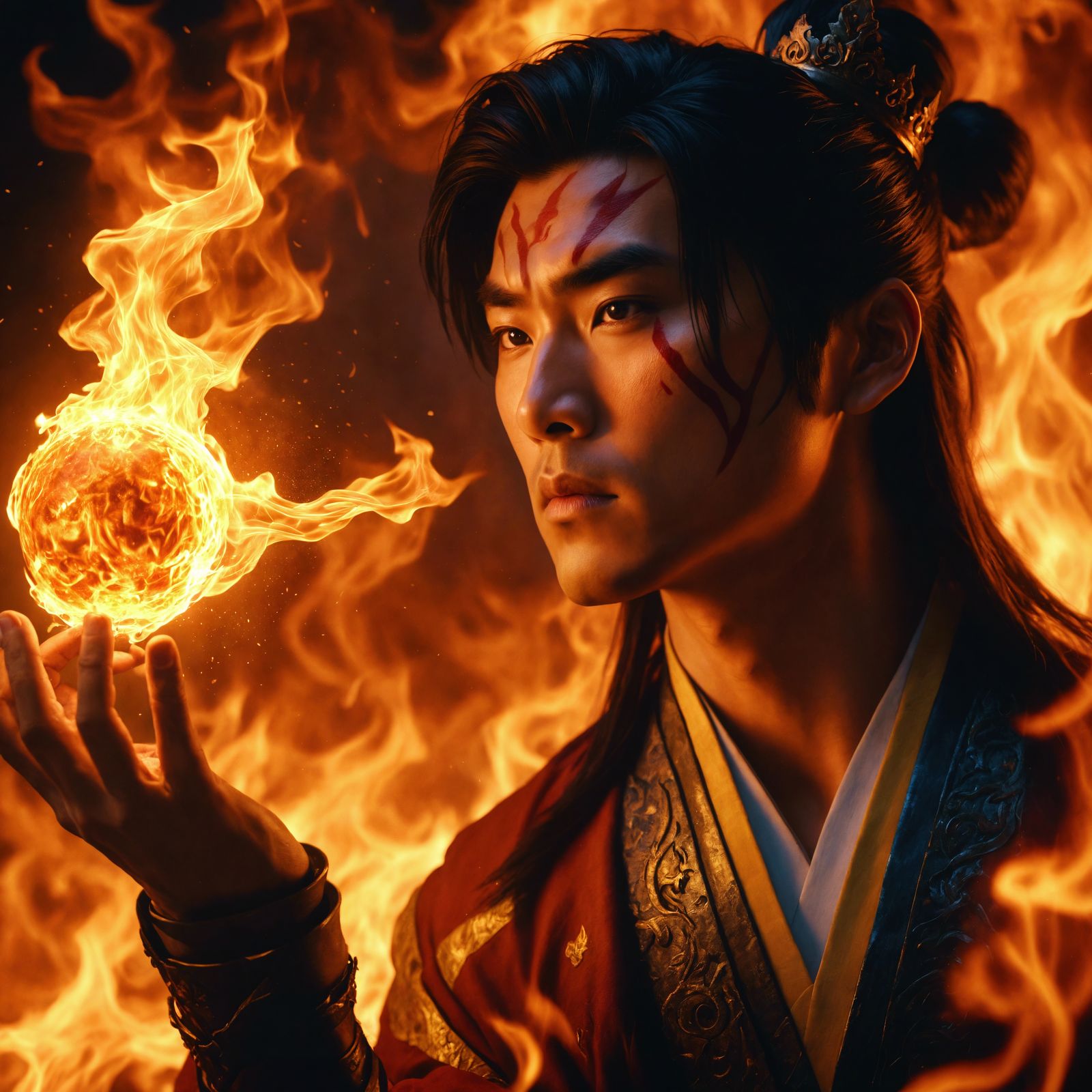 Fiery Portrait of an Asian Prince Conjuring Fire