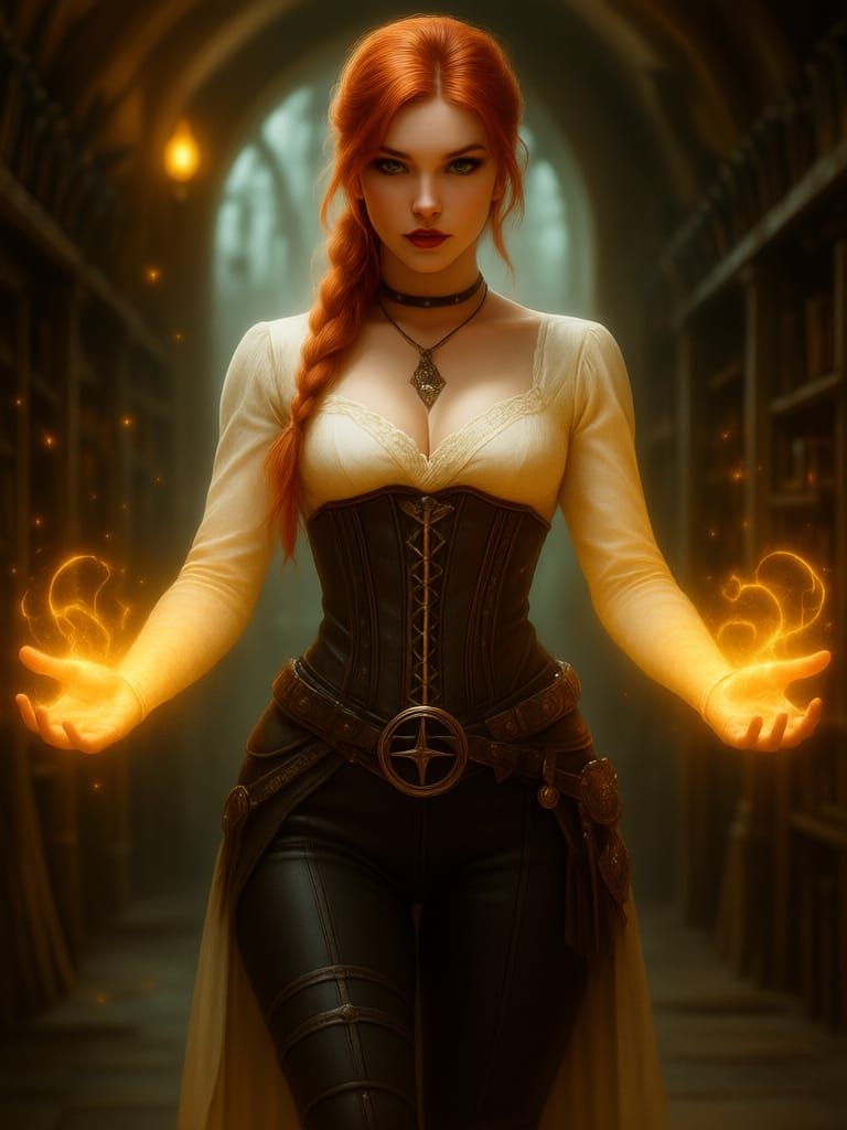 Fantasy Heroine with Runic Tattoos in Castle Armory