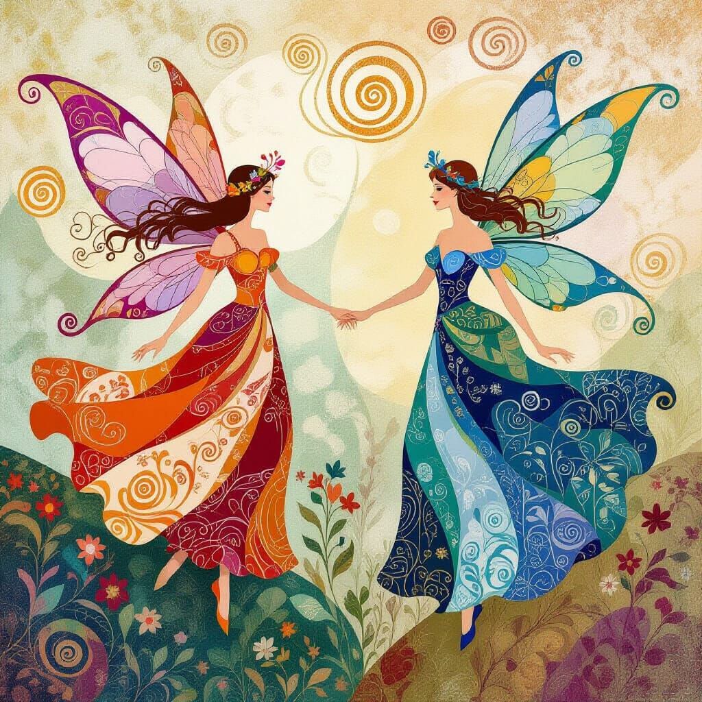 Fairies in Primitivist Fauvist Style with Glitch Art