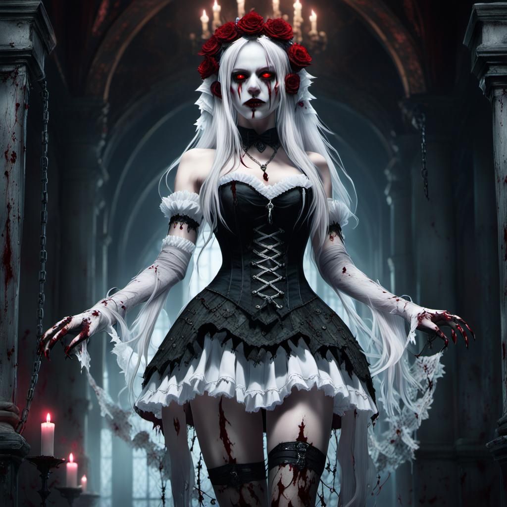 Pale Girl with Blood and Roses in Oil Painting Style