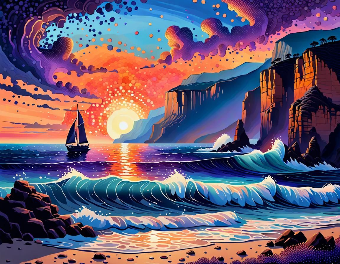 Twilight Seascape in Pointillism Style