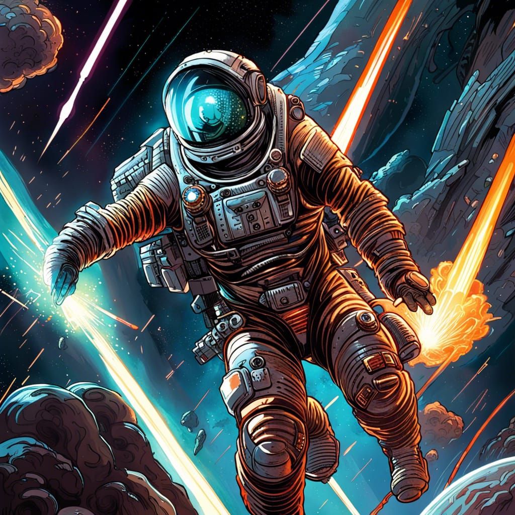 Sci-Fi Spacesuit with Lasers and Missiles as Comic Art