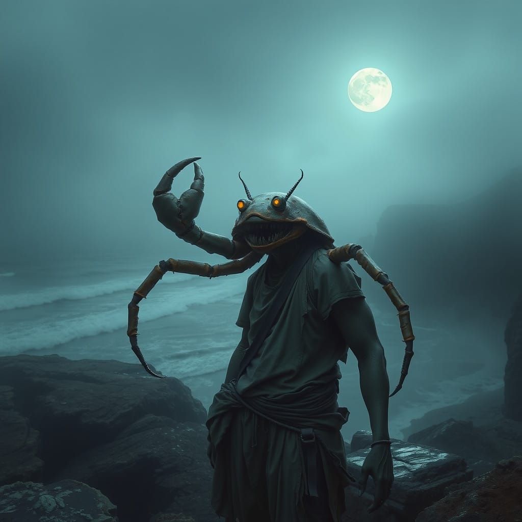 Biomechanical Crab-Human Emerges from Ocean Fog