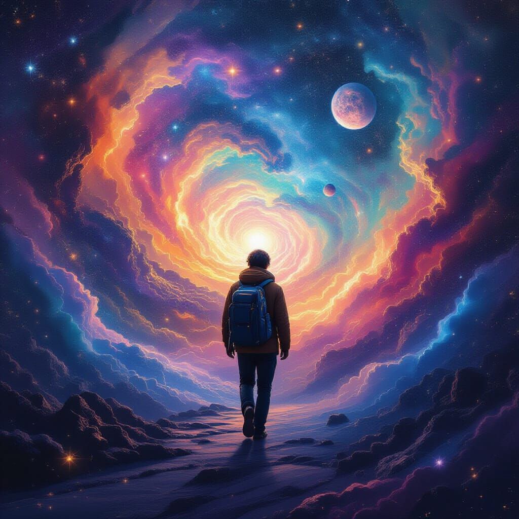 Cosmic Traveler in Starry Galaxy: Holographic Illustration