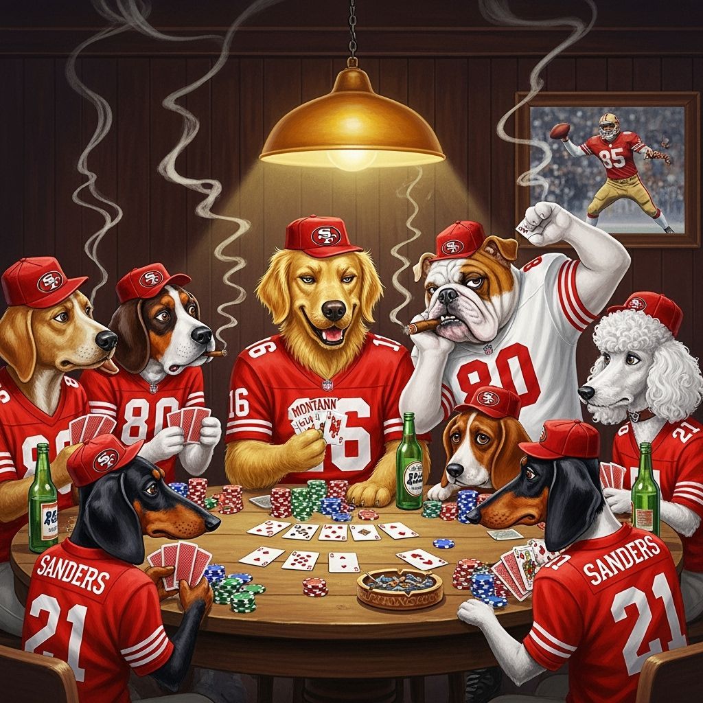 Dogs Play Poker in 49ers Gear, Stylized Illustration