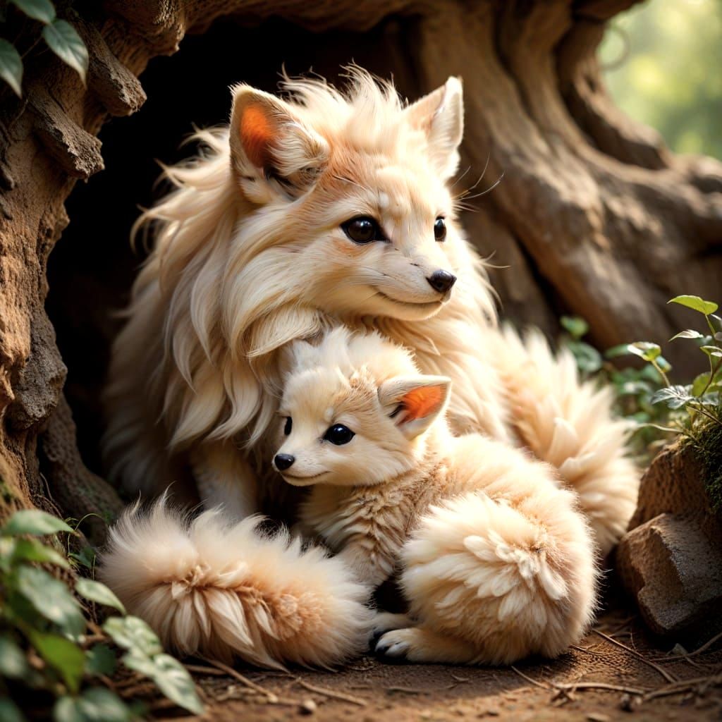 Ninetales and Vulpix in a Cuddling Moment