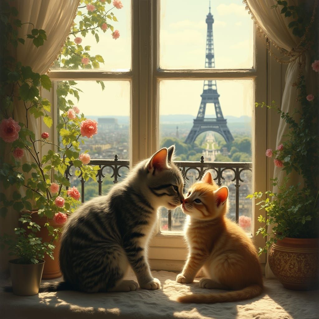 Kitten and Mother in Paris, Impressionist Style