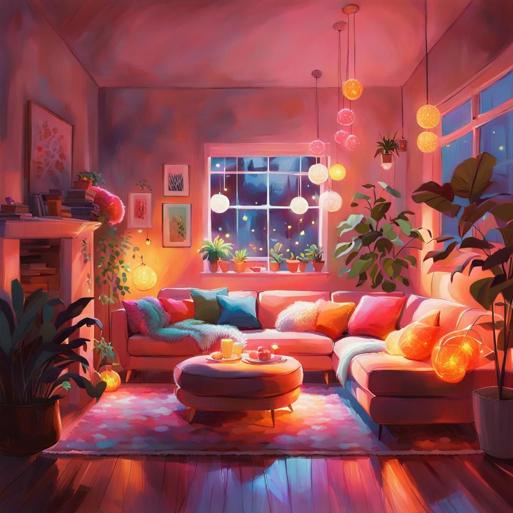Enchanted Cozy Living Room with Fluorescent Lights