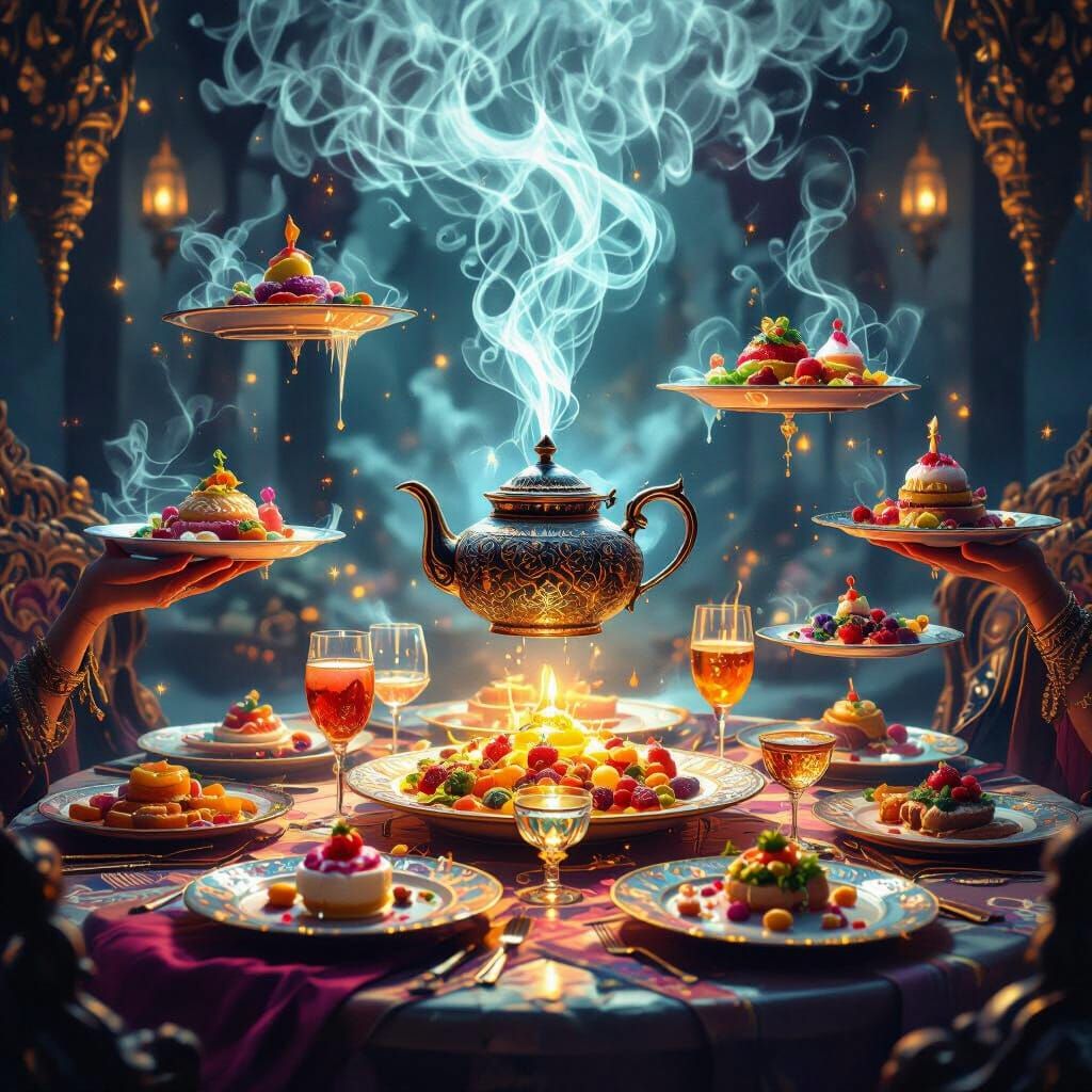 Magical Banquet with Levitating Dishes and Glowing Desserts