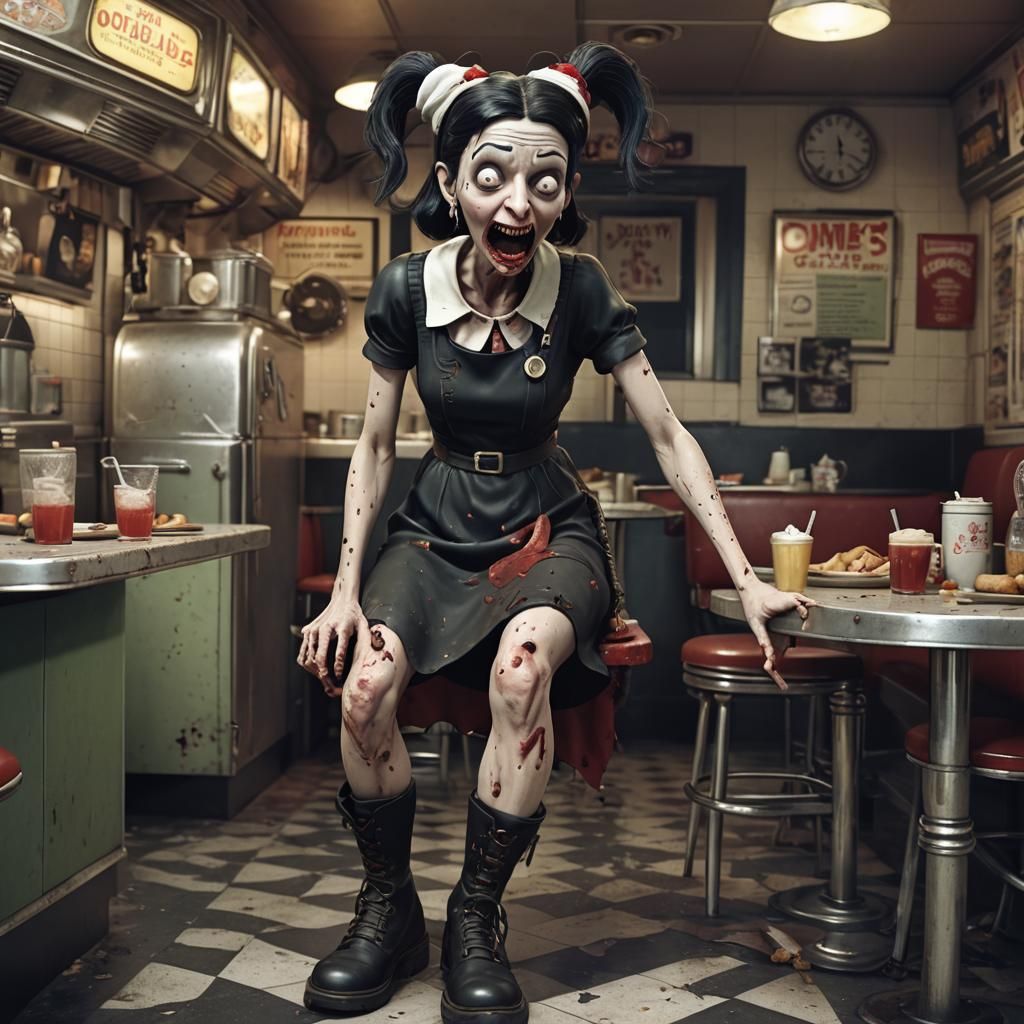 A hyperrealistic 3D render of a detailed Olive Oyl as a realistic zombie, with her dead eyes wide open and her rotting t...