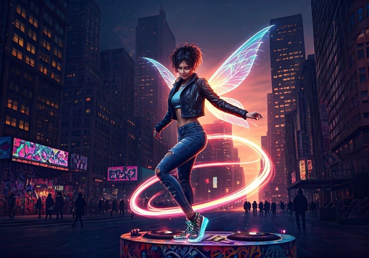 Hyperrealistic Urban Fairy Dancing on Graffiti Turntable in ...