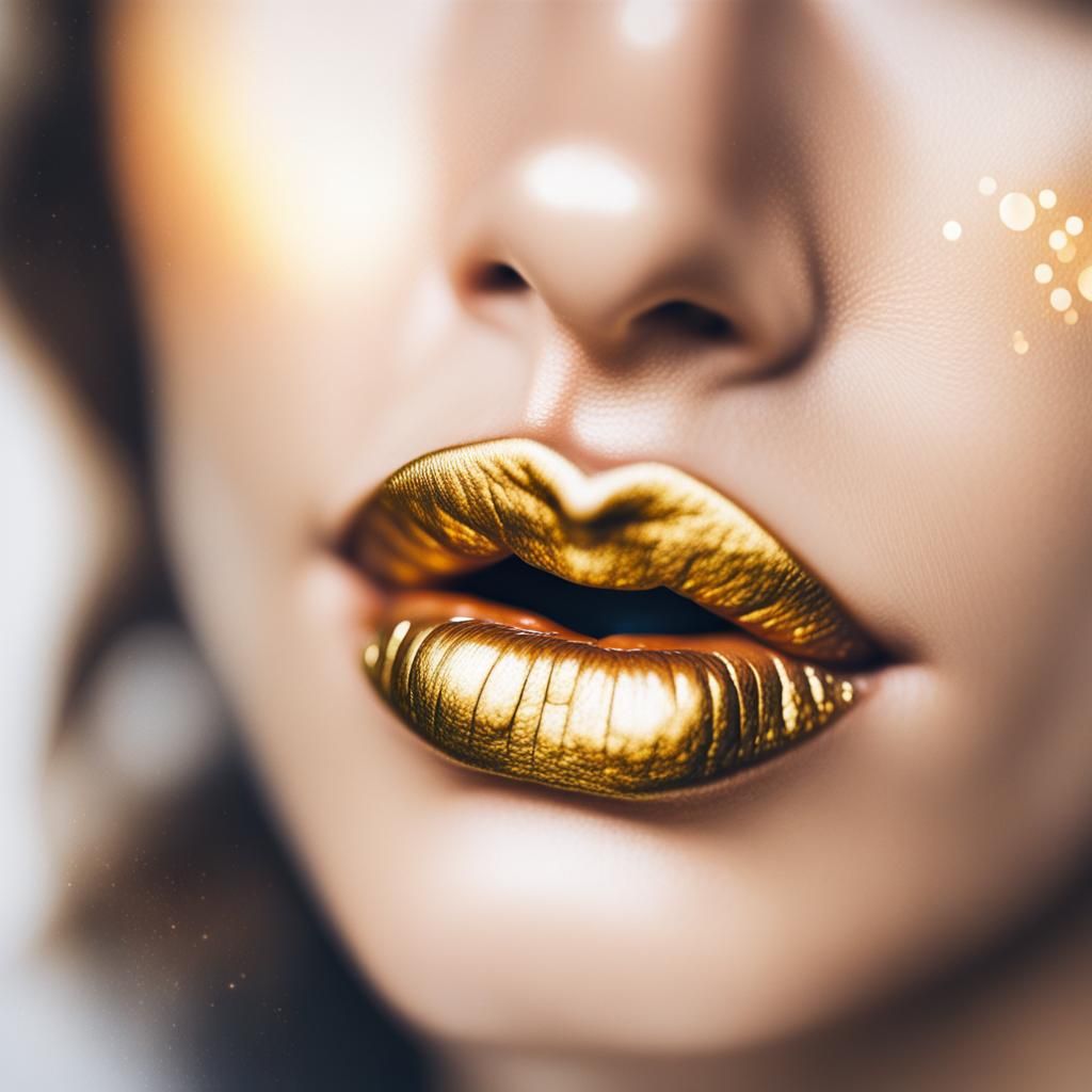 Shiny Gold Lips Watercolour Painting