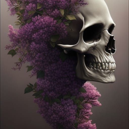 Tree Skull with Lilacs in Hyper-Detailed Fantasy Art