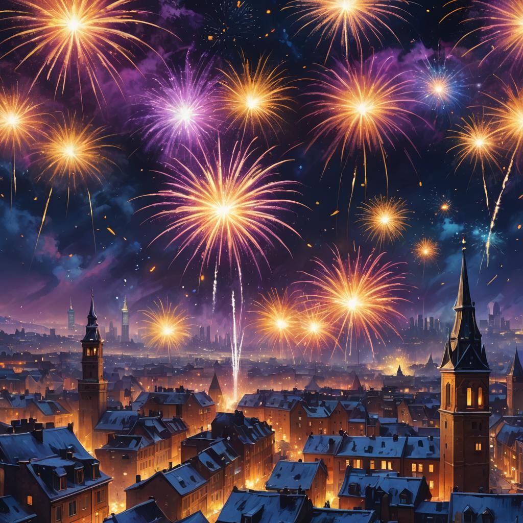 Explosive Fireworks Display over City: Oil Painting