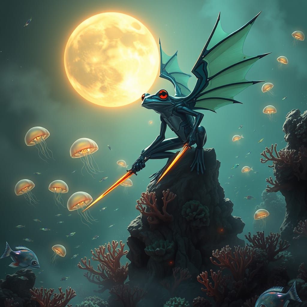 Futuristic Flying Frog Assassin on Neon-Lit Coral Reef