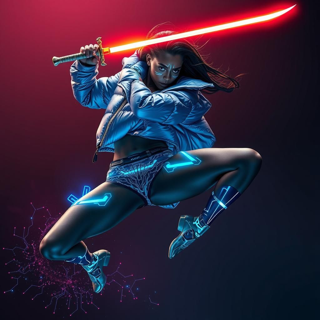 Techno-Primitive Woman Leaps with Neon Sword