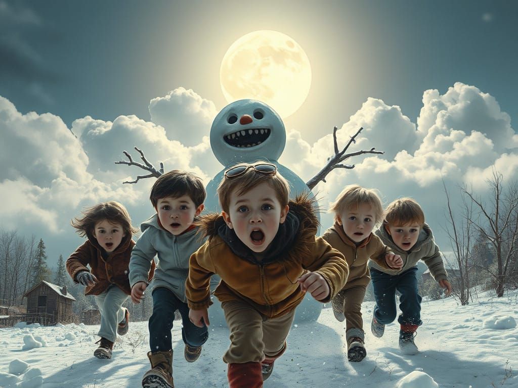 Children Flee in Terror from a Haunting Snowman in the Moonl...