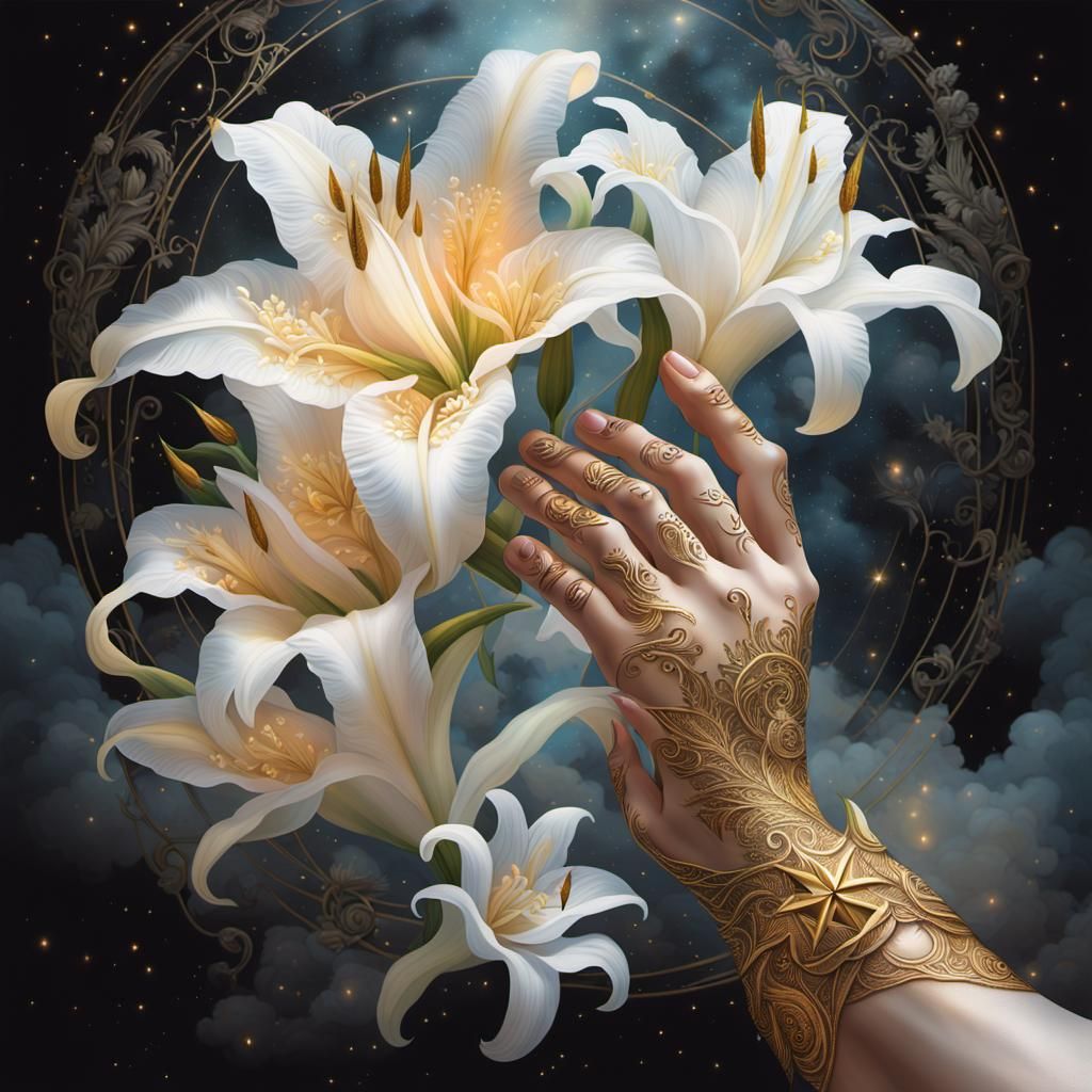 Celestial Hand Holding Pentacle in Surreal Dreamscape