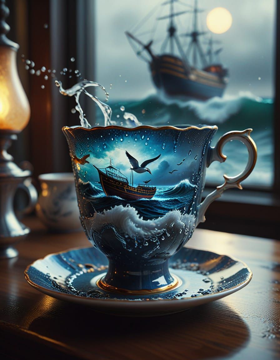 Surrealistic Teacup Landscape in Vibrant Hyperrealism
