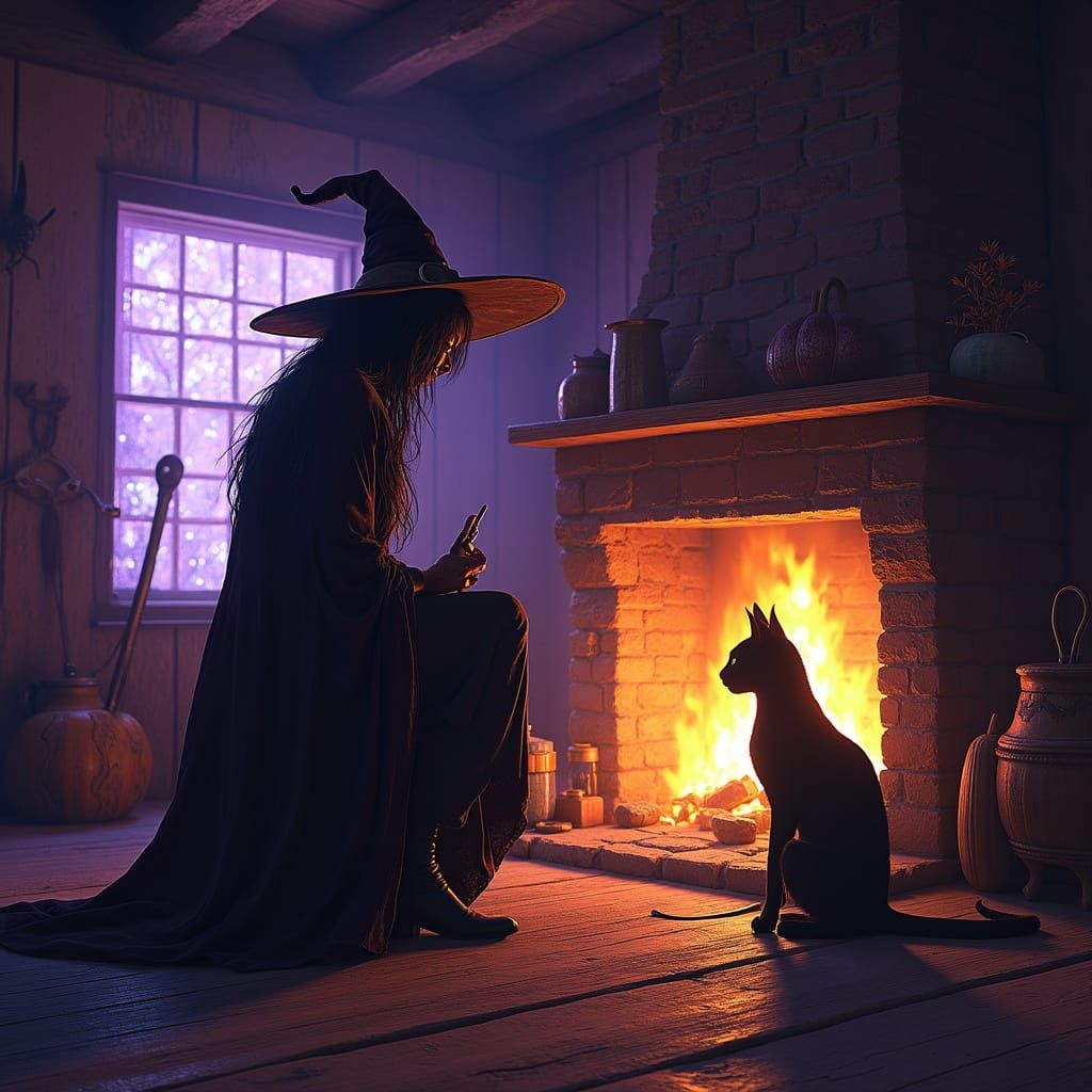 Sinister Witch and Cat by Fireplace in Dark Fantasy Style