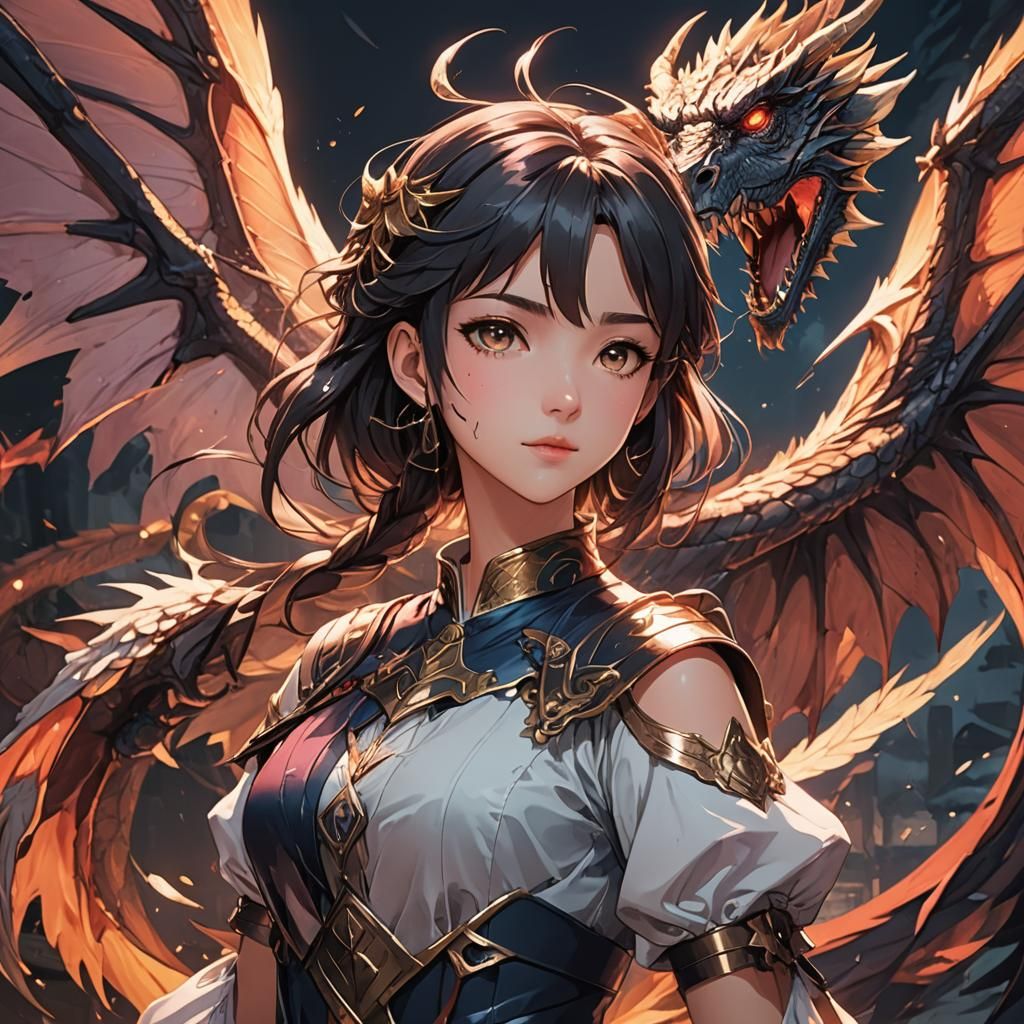 Anime Girl with Dragon Wings, Cel-Shaded Style