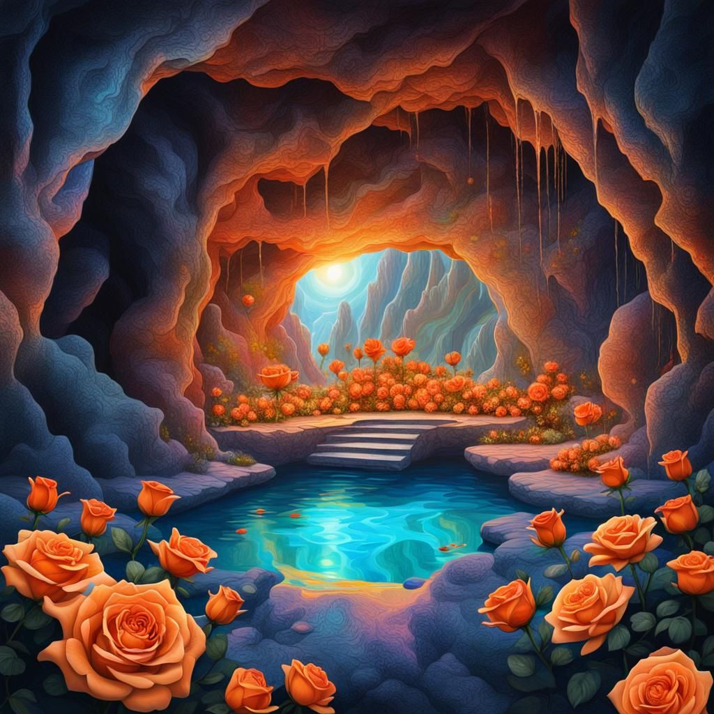Hidden Cave Pool with Orange Roses, Astral Illustration