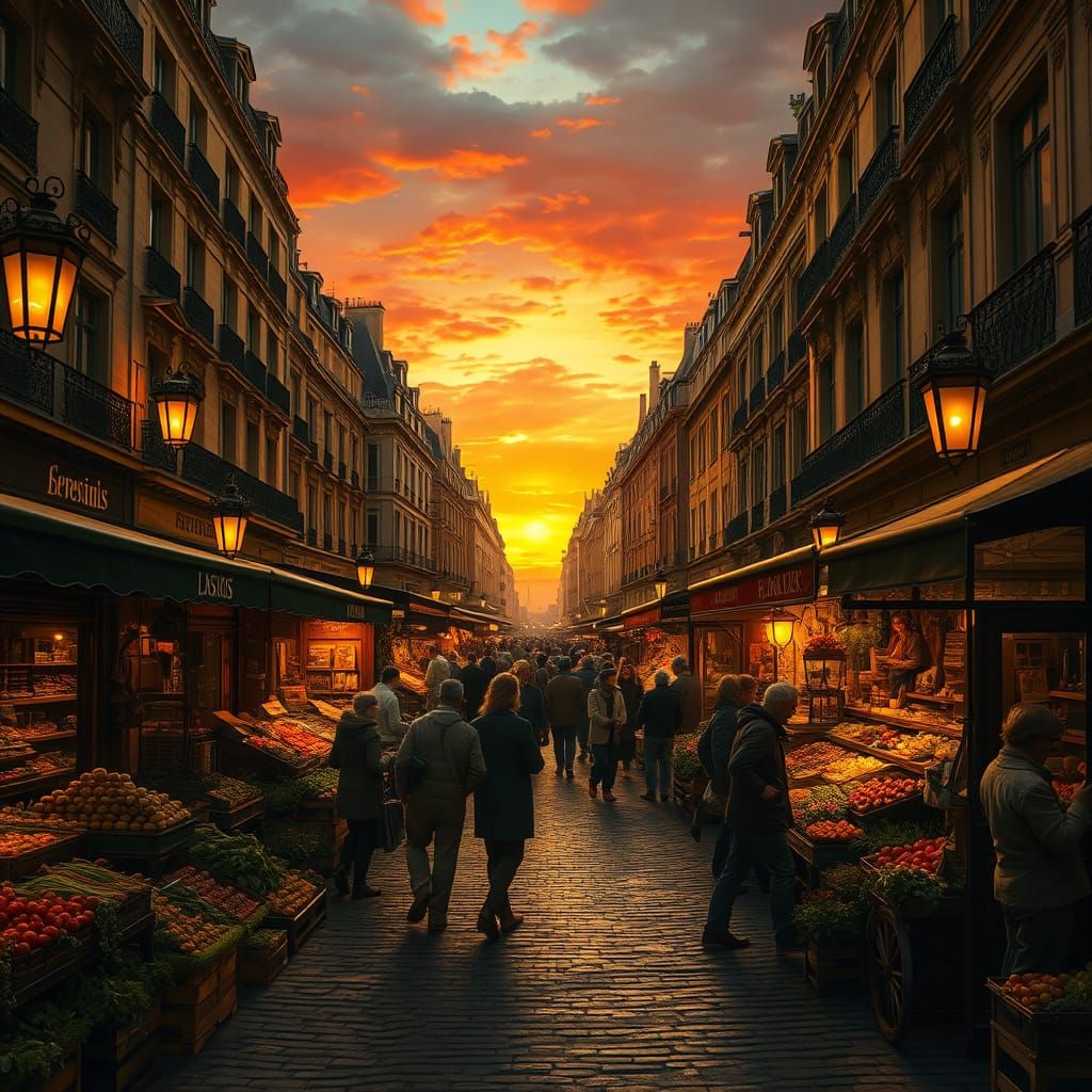 Vibrant Belle Époque Street Market at Sunset