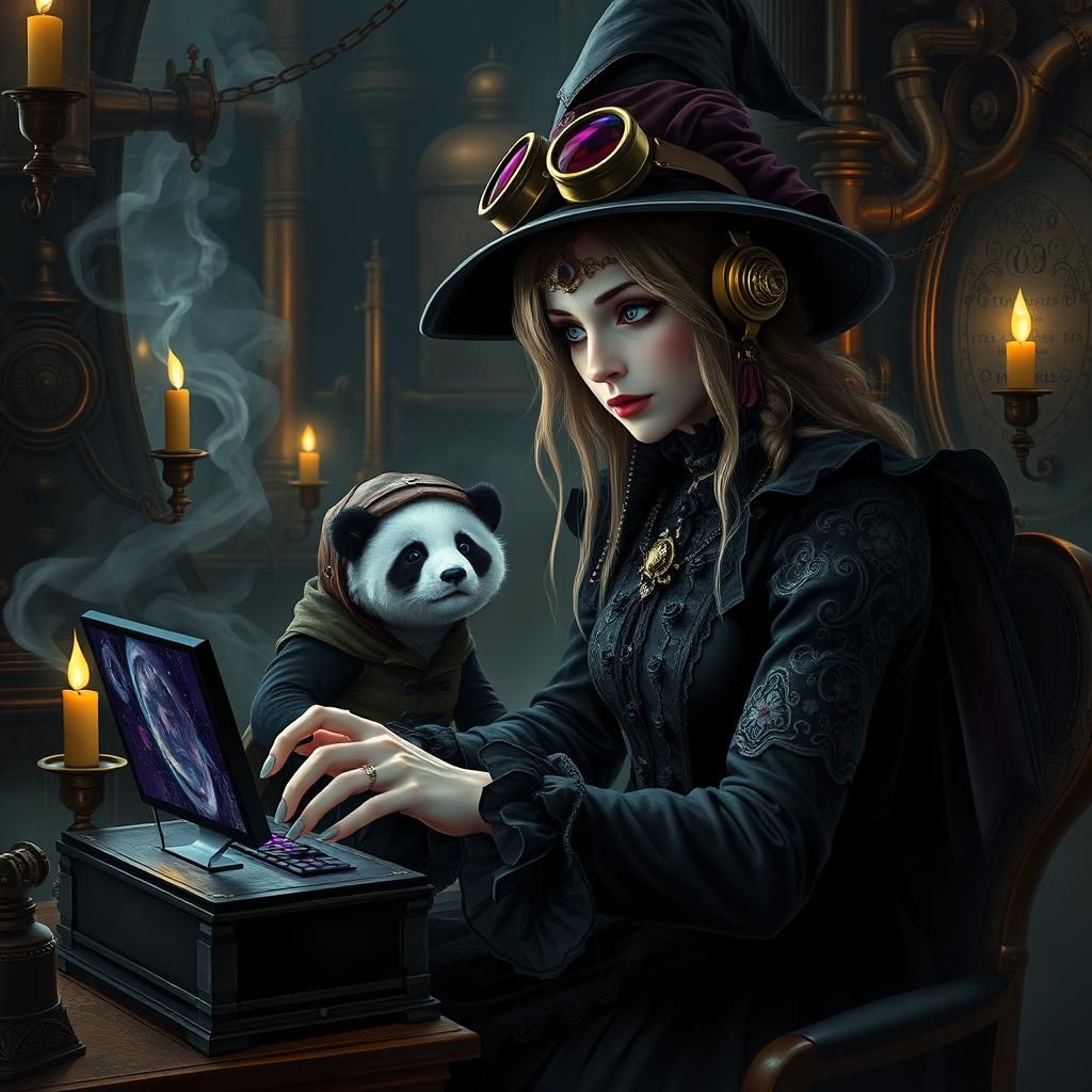 Gothic Steam Witch Gaming with Panda, Mystical Realism