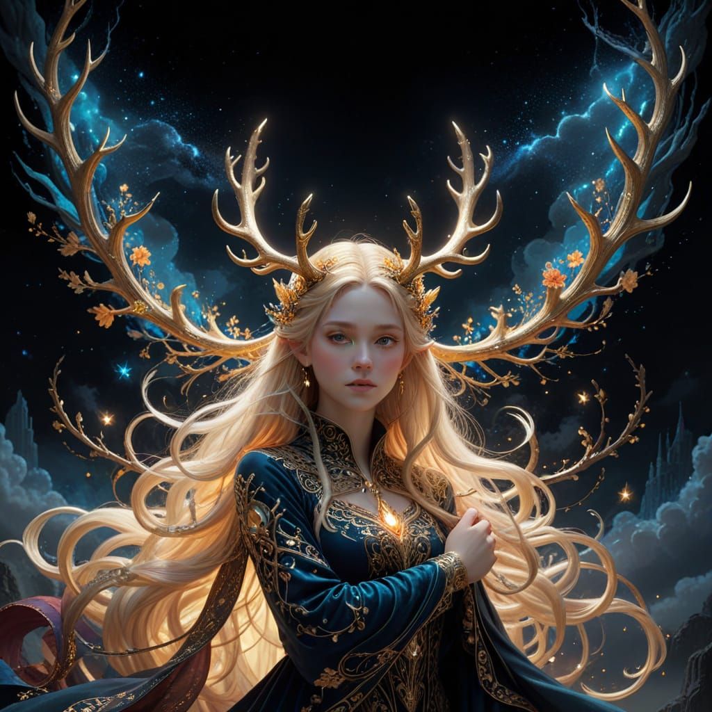 Golden Goddess with Radiant Halo and Antlers in Dreamy, Matt...