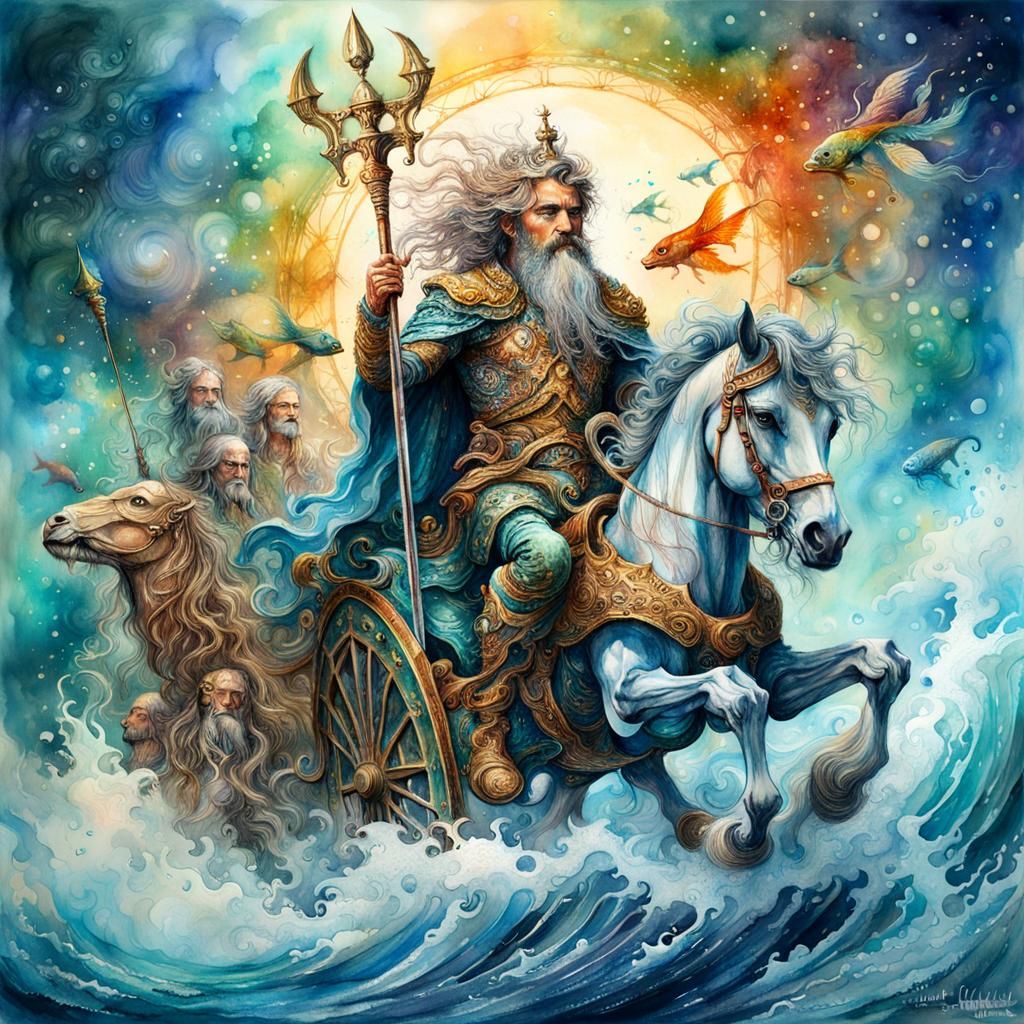 Neptune, God of the Sea, in Watercolor