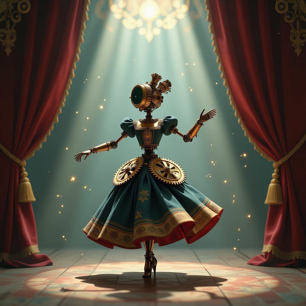 Brass Automata Dancer Waltzes on Dusty Stage