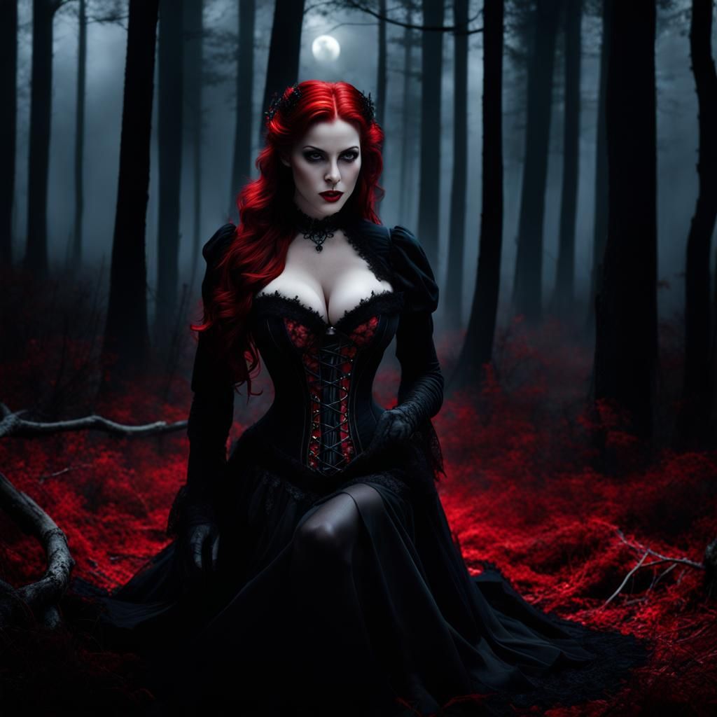Redhead Vampire in Dark Forest, Photorealistic Gothic Art