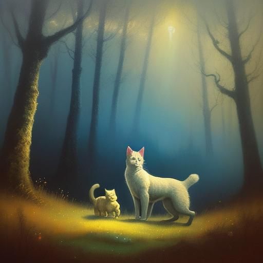 Brave Cat in Mystical Landscape: Surreal Oil Painting