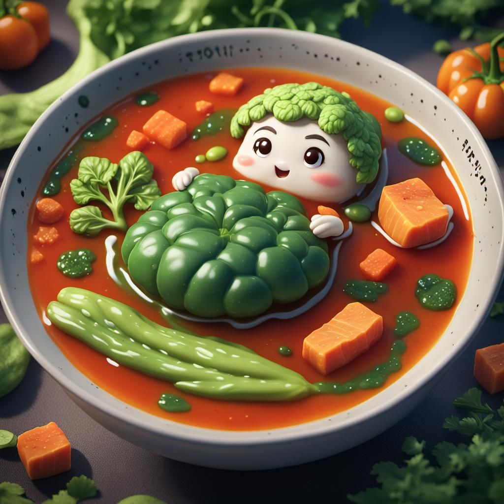 Kawaii Vegetable Character Relaxing in Hot Soup