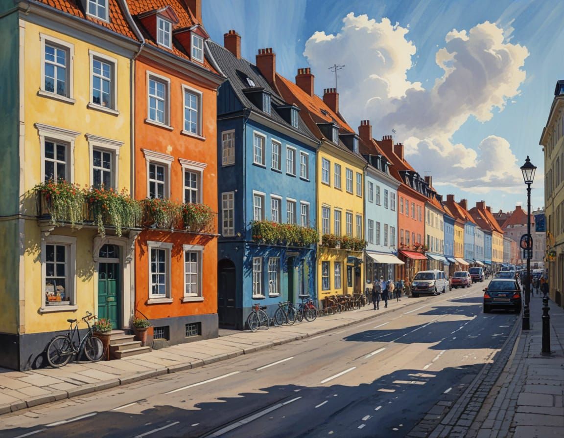 Copenhagen Street Scene in Gouache Style