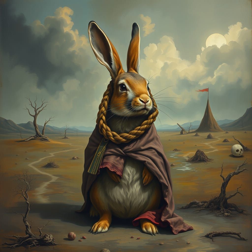 Rabbit in Surreal Landscape with Braid-like Cloak