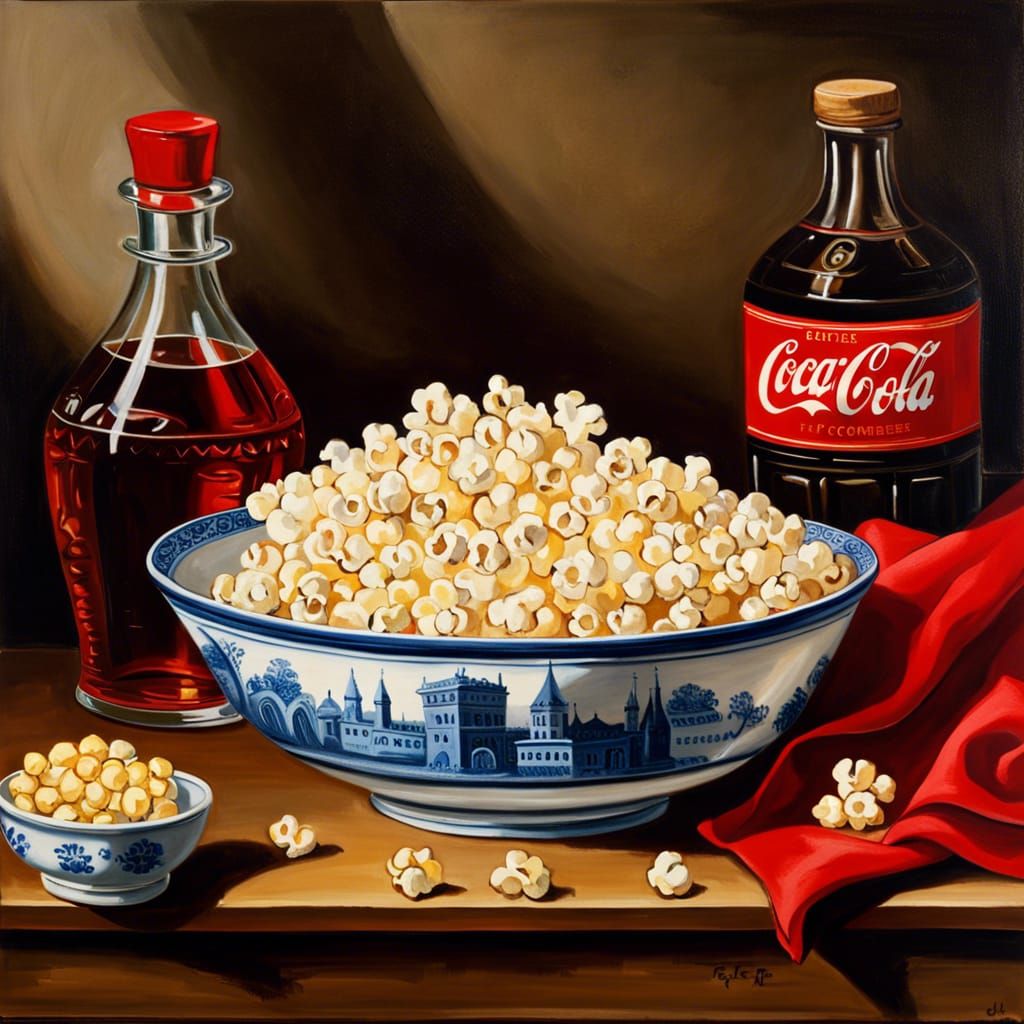 Popcorn and Coke Still Life as Oil Painting