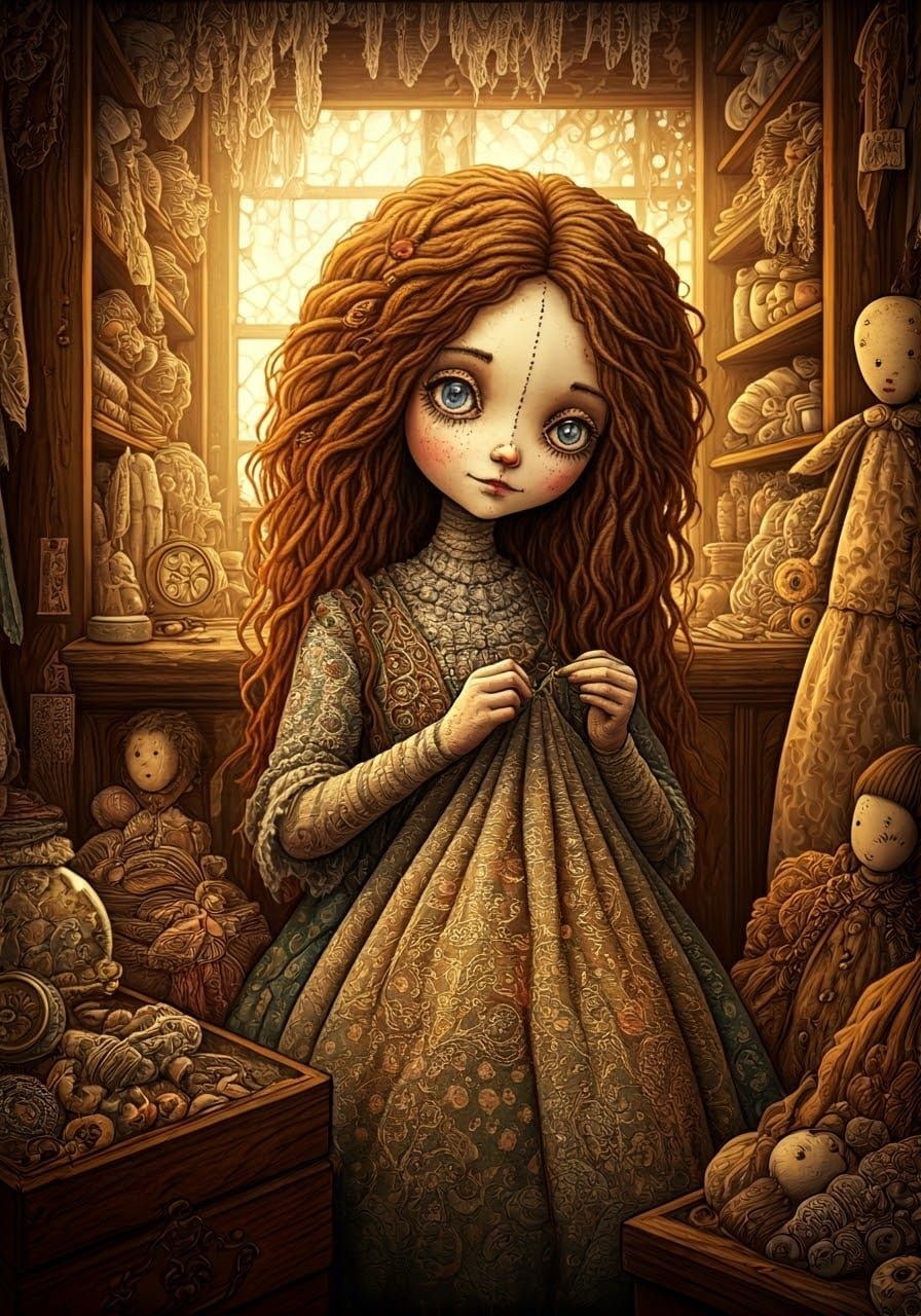 Whimsical Embroidered Woman in a Dusty Doll Shop