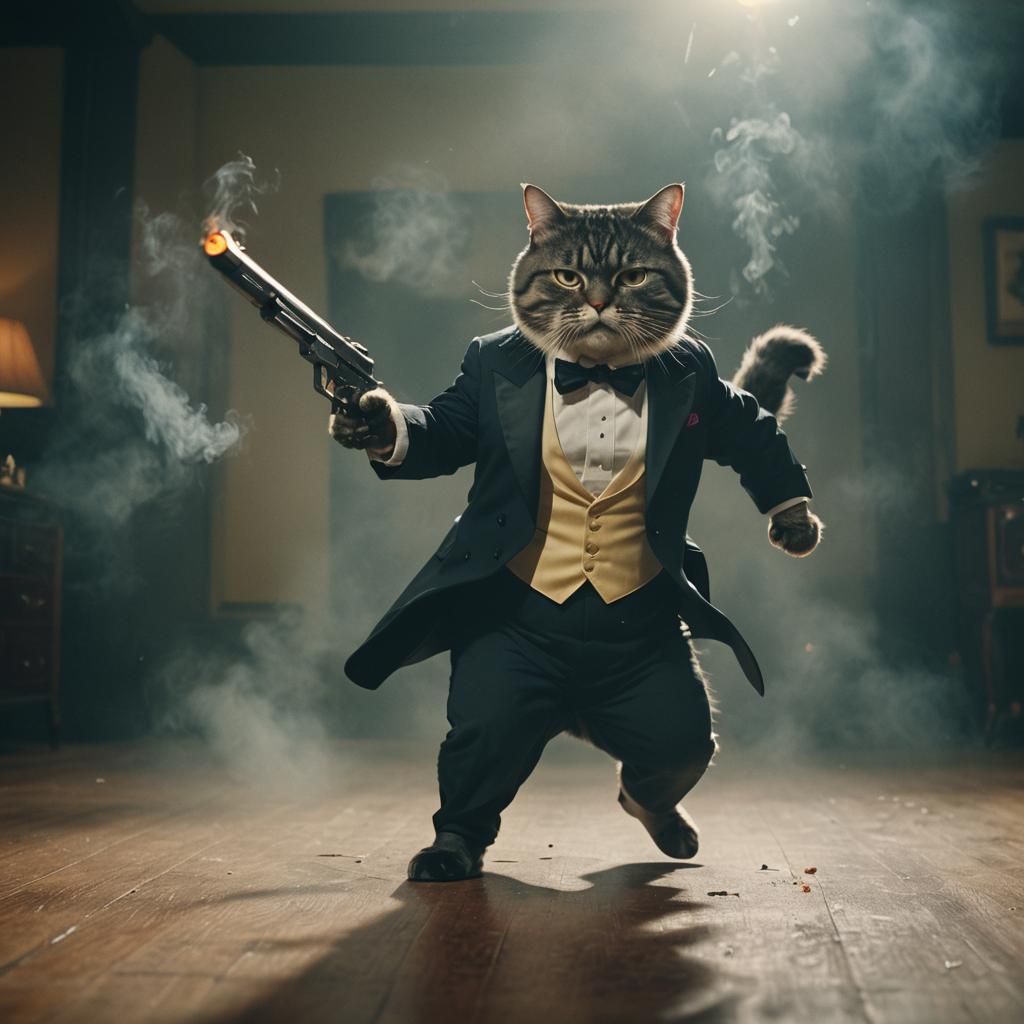 Cinematic Fat Cat Assassin with Gun
