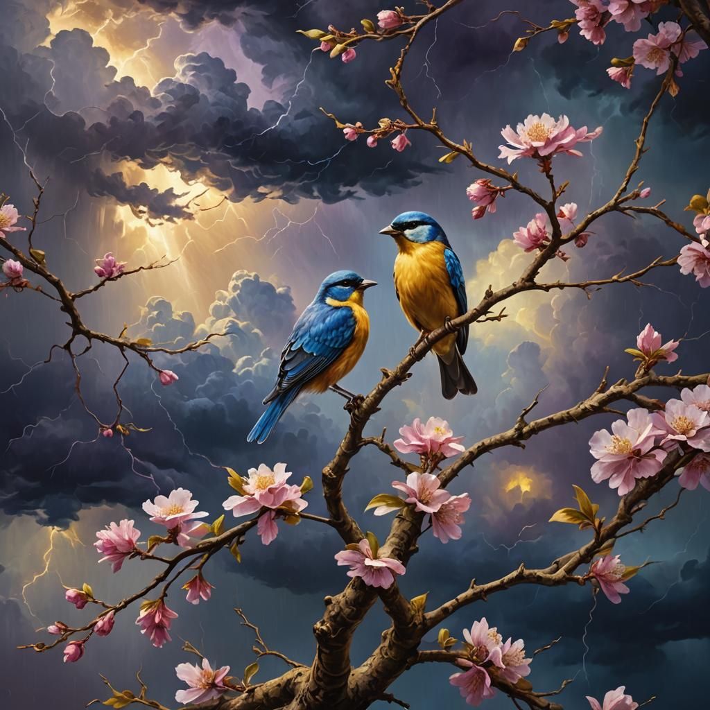 Bird on Blossoming Branch in Baroque Oil Painting