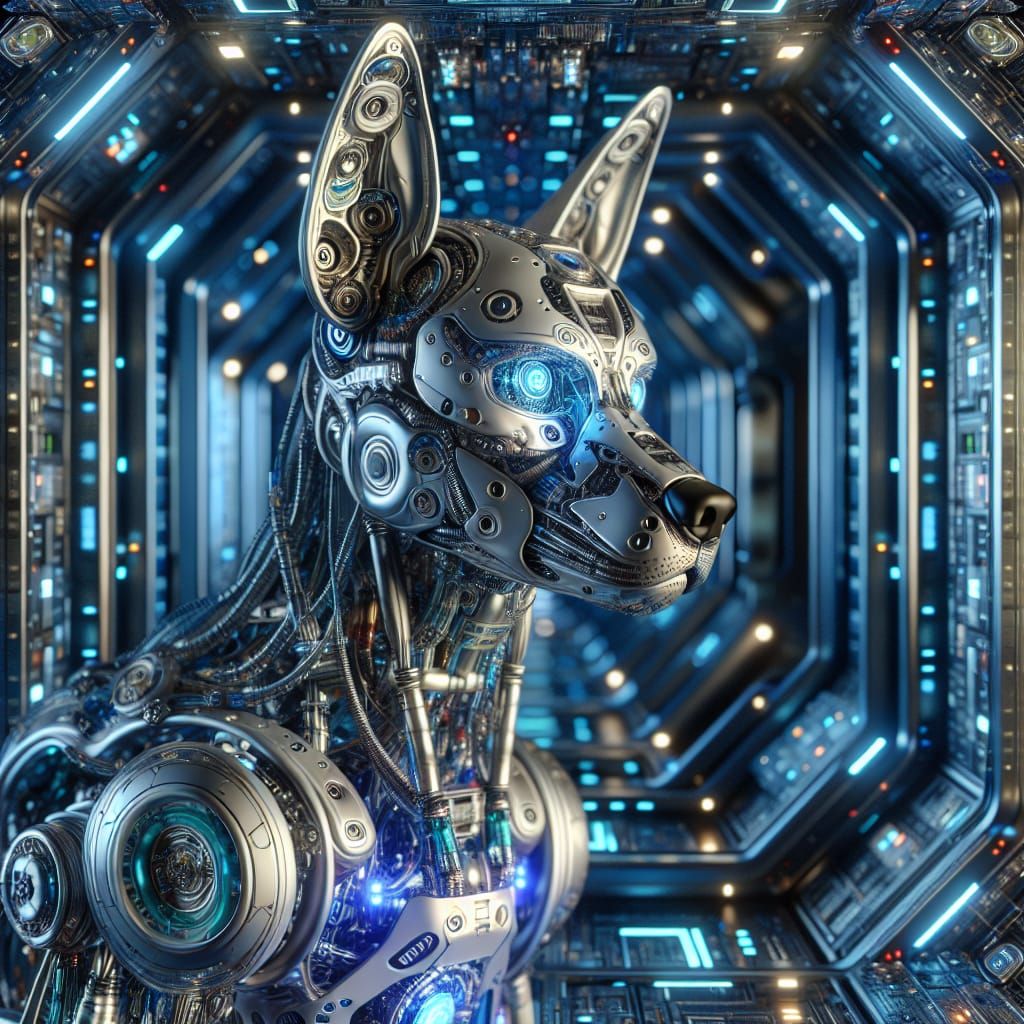 Cyborg dog in a spaceship