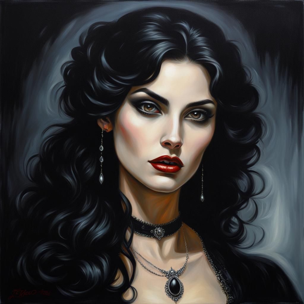 Beautiful Vampire in Gothic Oil Painting
