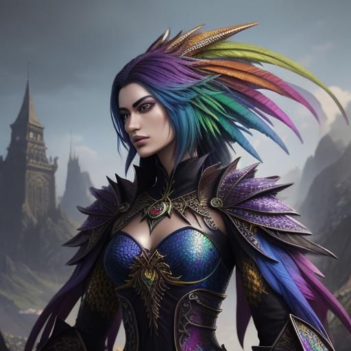 Woman with Rainbow Dragon Scales, Detailed Matte Painting