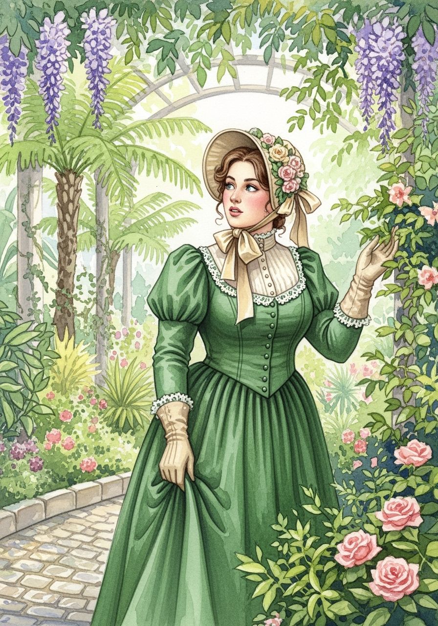 Victorian Woman in Botanic Garden Watercolor Painting